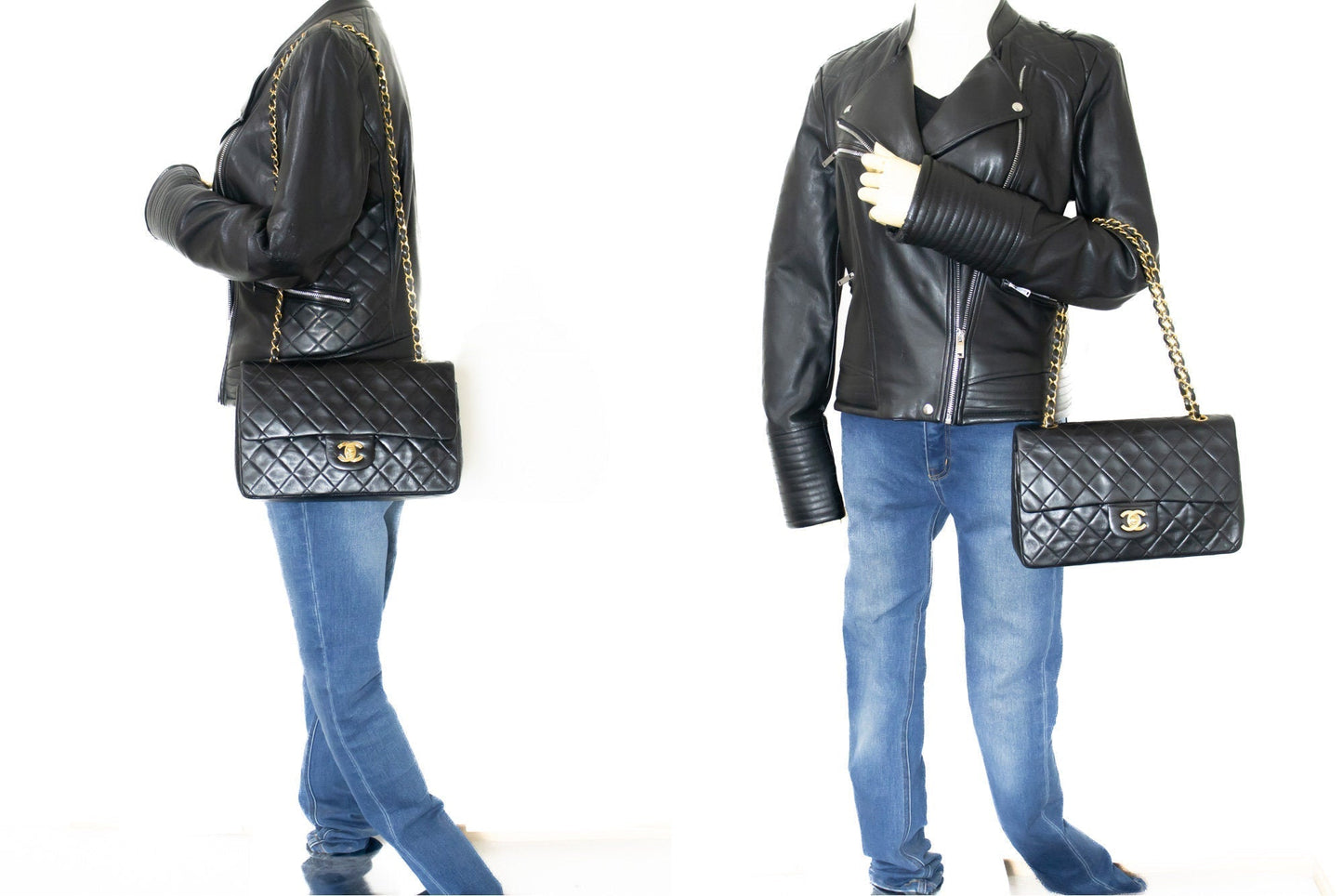 CHANEL Classic Double Flap 10" Chain Shoulder Bag Black Lambskin k77