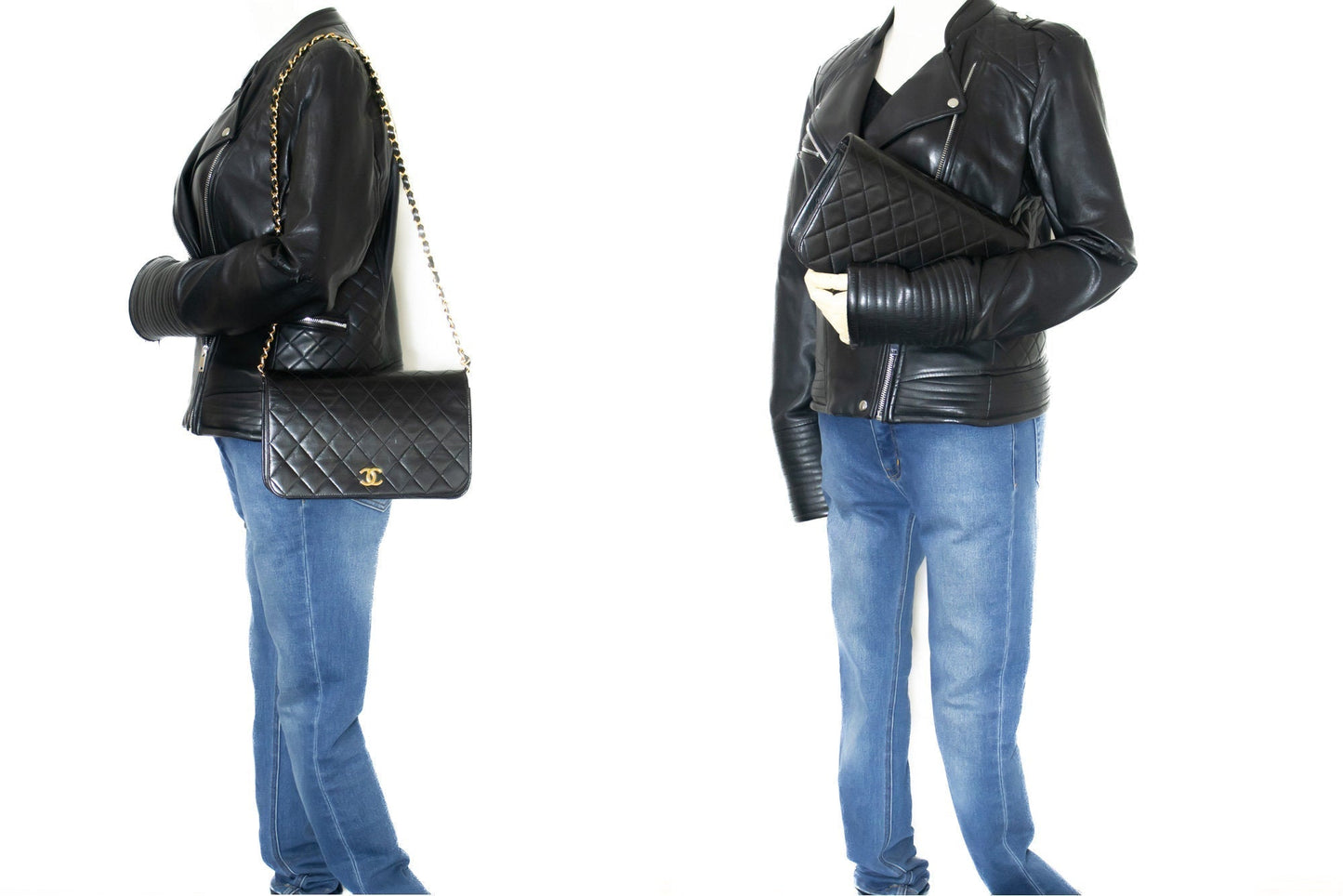 CHANEL Full Flap Chain Shoulder Bag Clutch Black Quilted Lambskin k82