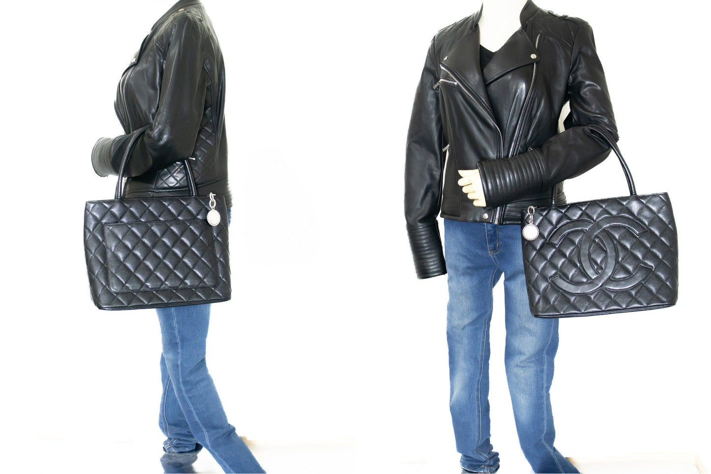 CHANEL Silver Medallion Caviar Shoulder Bag Shopping Tote Black SV k57