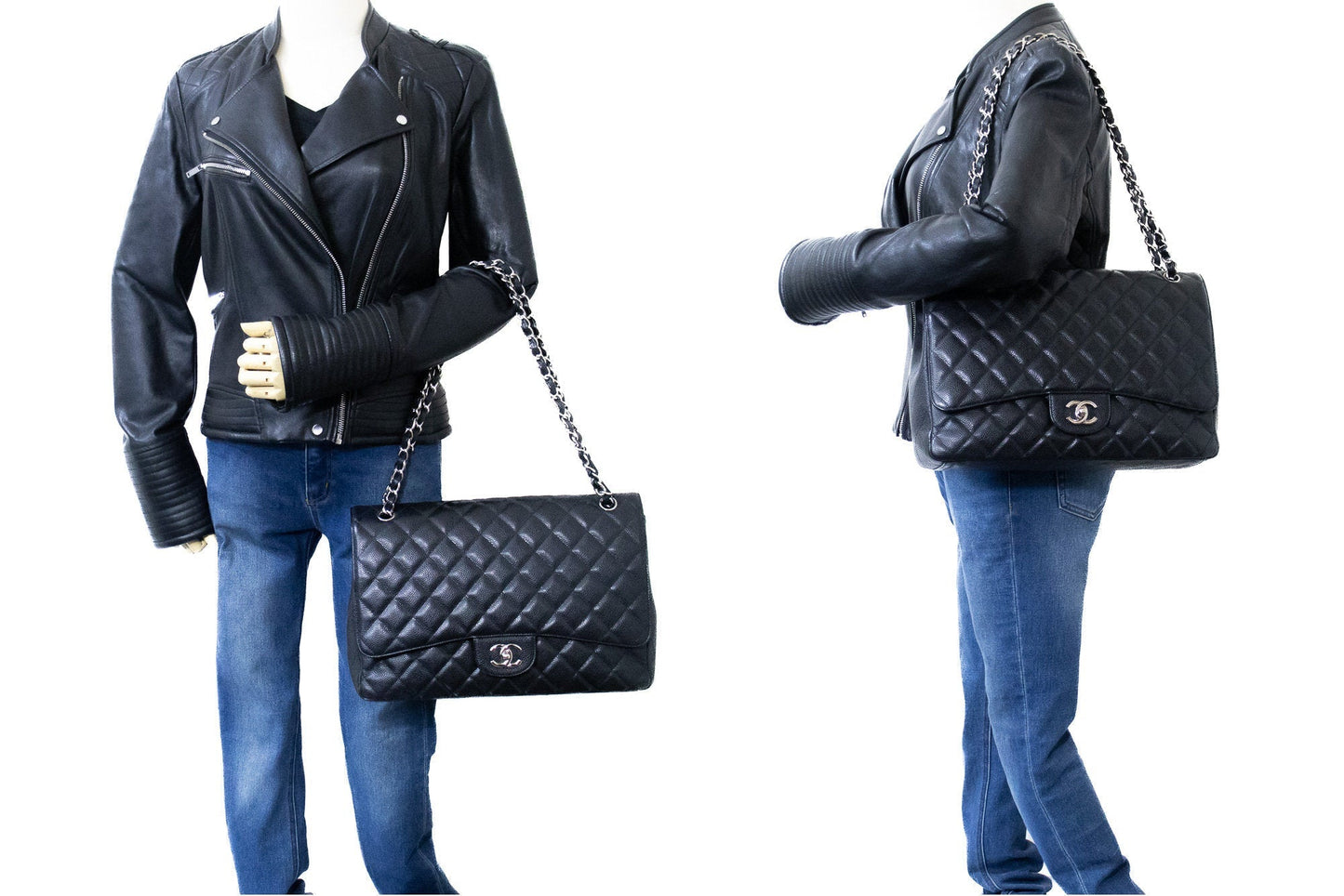 CHANEL Caviar Grained Calfskin Flap Chain Shoulder Bag Black 13" i90
