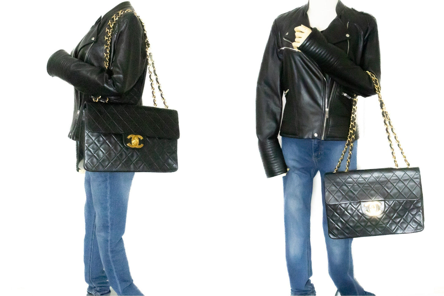 CHANEL Classic Large 13" Flap Chain Shoulder Bag Black Lambskin j58