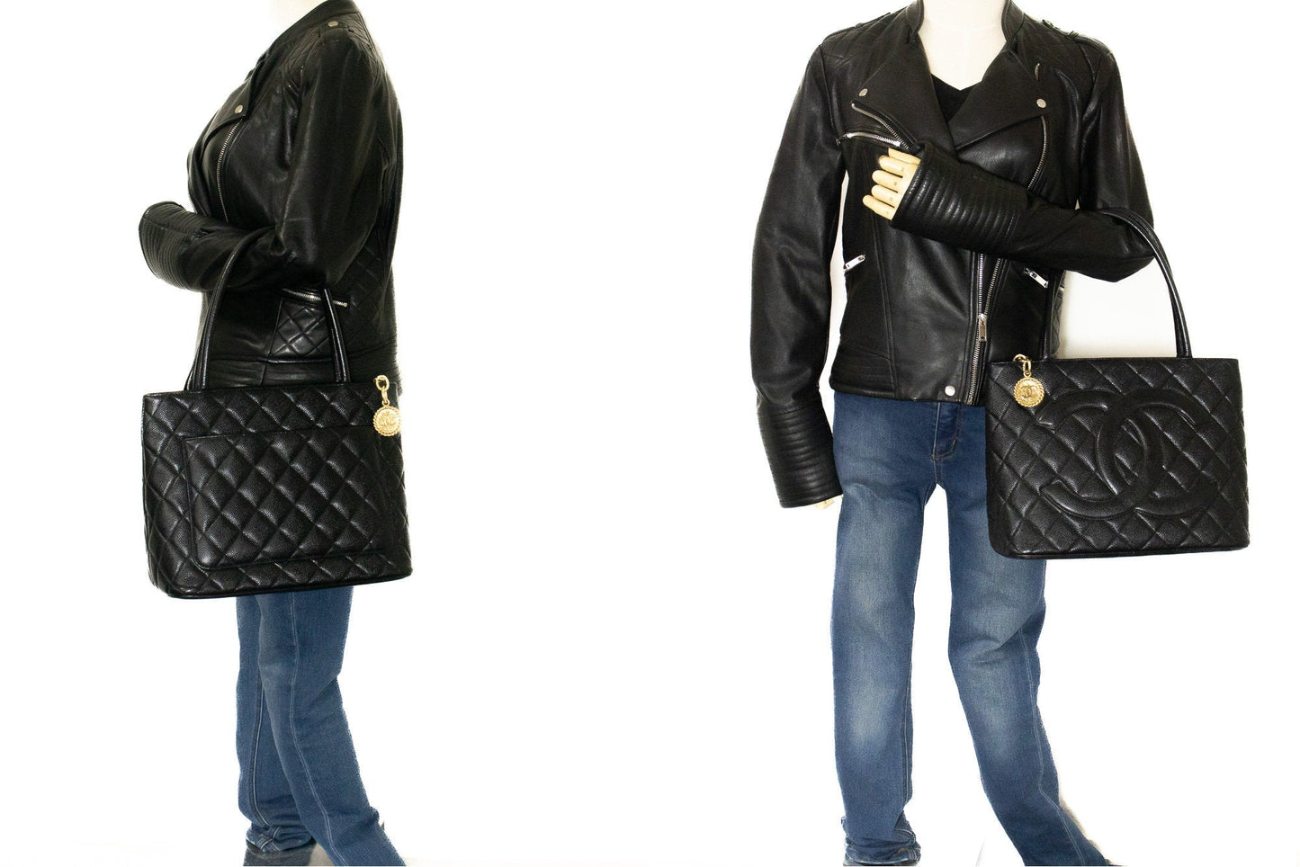 CHANEL Gold Medallion Caviar Shoulder Bag Shopping Tote Black i53