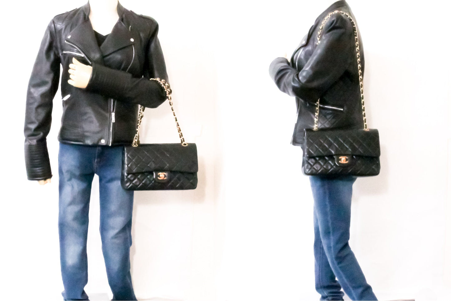 CHANEL Classic Double Flap 10" Chain Shoulder Bag Black Lambskin i65