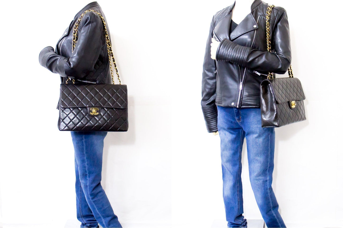 CHANEL Jumbo 11" Large Chain Shoulder Bag Flap Black Lambskin Gold f98