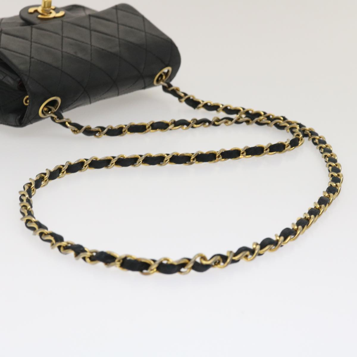 CHANEL Mini Matelasse Chain Flap Shoulder Bag Lamb Skin Black Gold ai651A