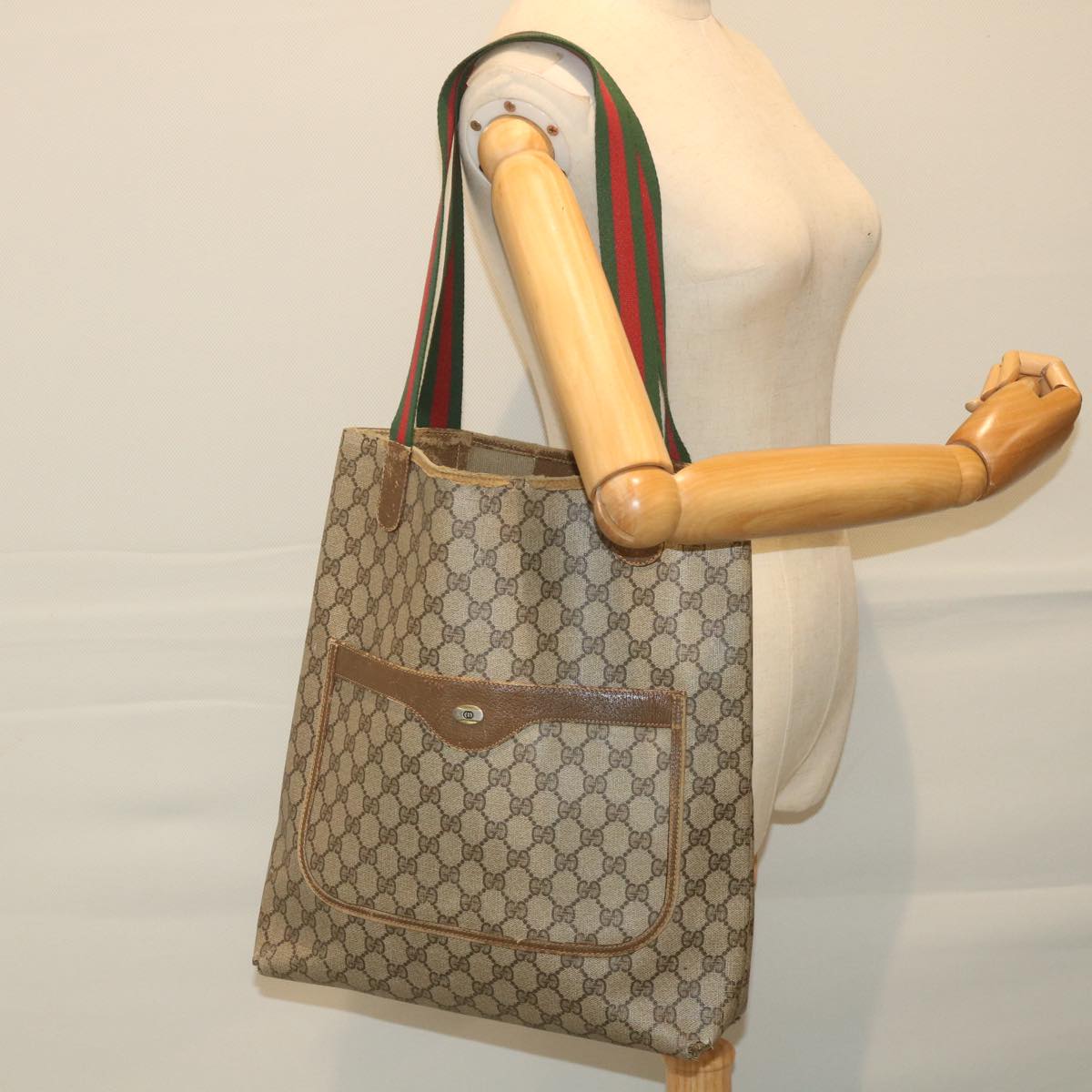 GUCCI GG Supreme Web Sherry Line Tote Bag Beige Red Green 40 02 003 ki3717
