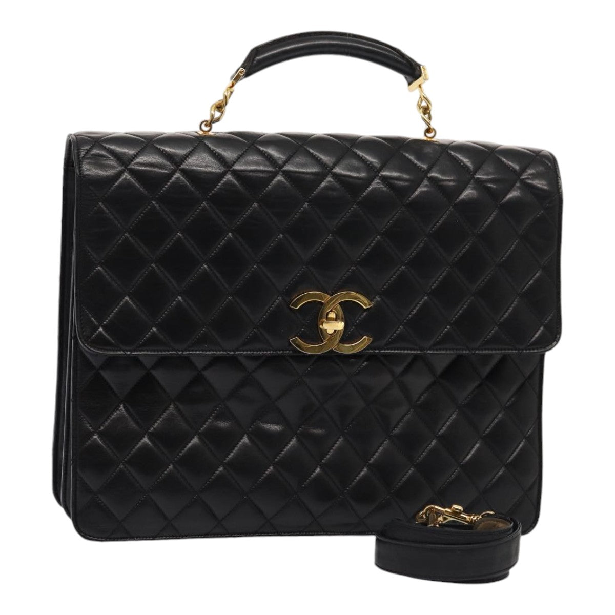 CHANEL Matelasse Business Bag Lamb Skin 2way Black Gold CC ki4737