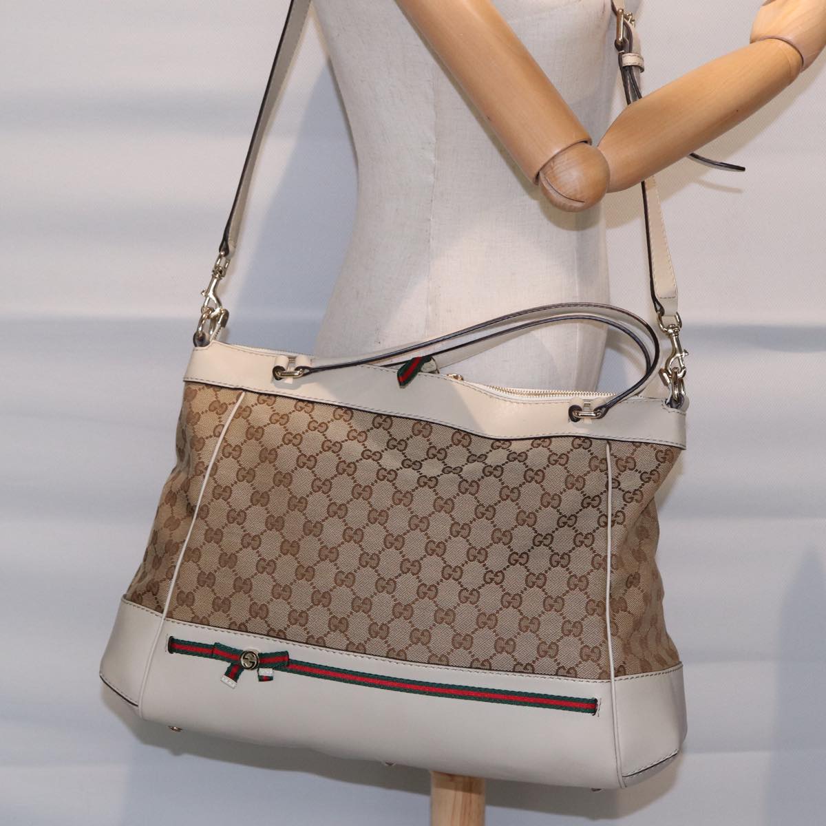 GUCCI GG Canvas Web Sherry Line Tote Bag 2way Red Beige Green 257349 ki4871
