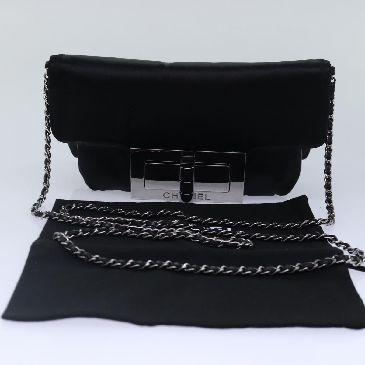 CHANEL Turn Lock Chain Shoulder Bag Satin Silver Black CC kk287