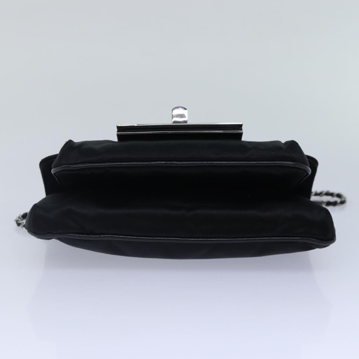 CHANEL Turn Lock Chain Shoulder Bag Satin Silver Black CC kk287