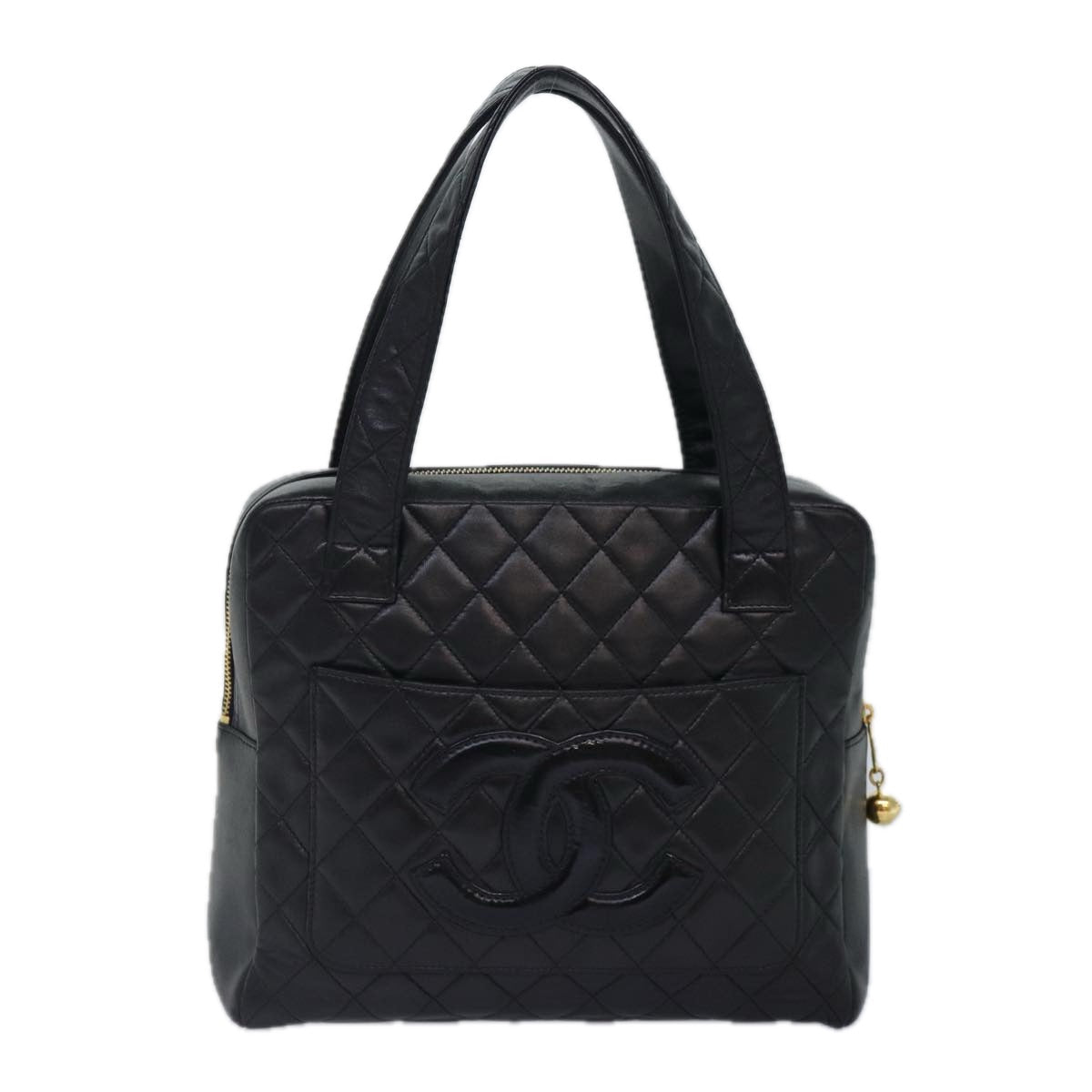 CHANEL Matelasse COCO Mark Hand Bag Lamb Skin Black Gold CC kk300