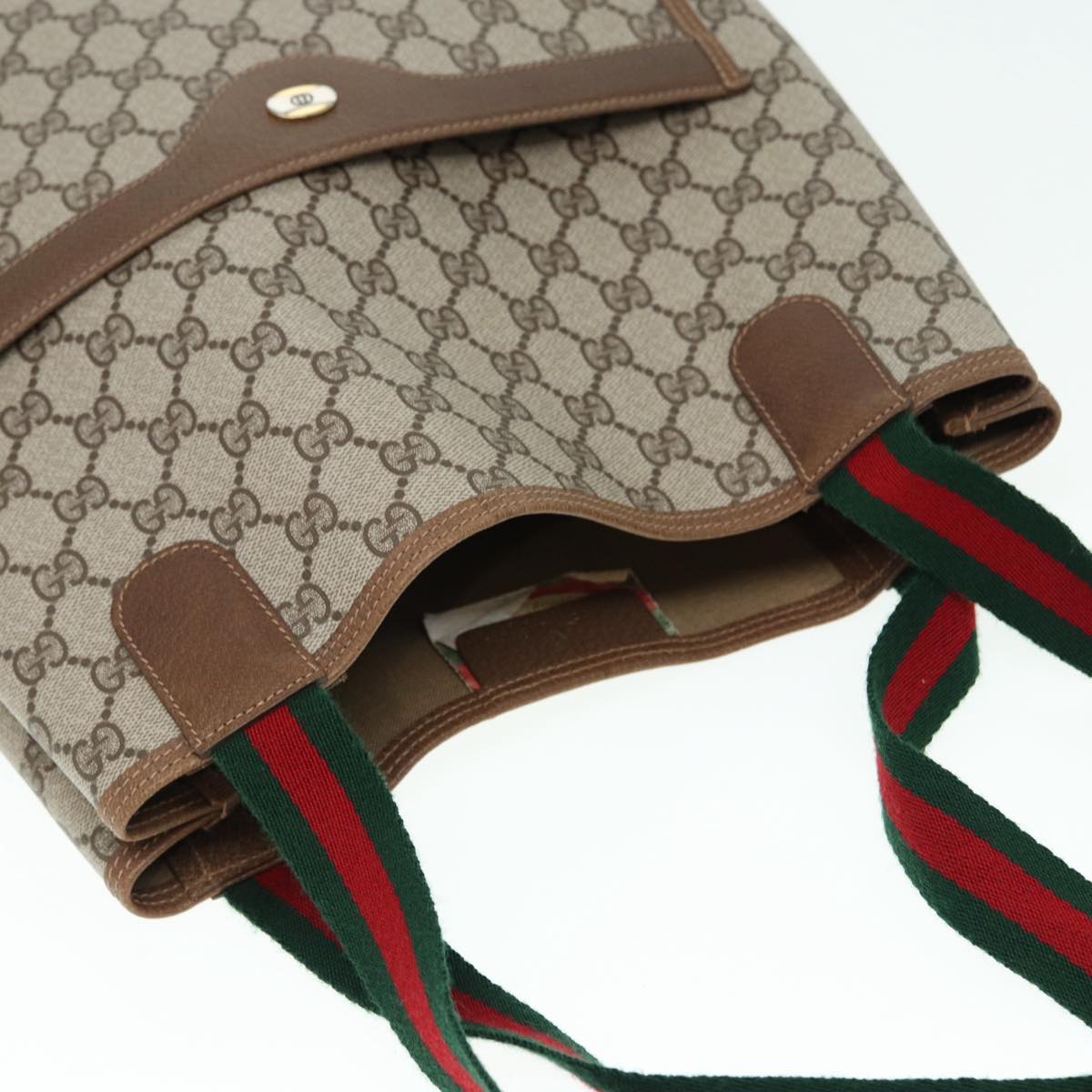 GUCCI GG Canvas Web Sherry Line Tote Bag PVC Leather Beige Green Red kk302
