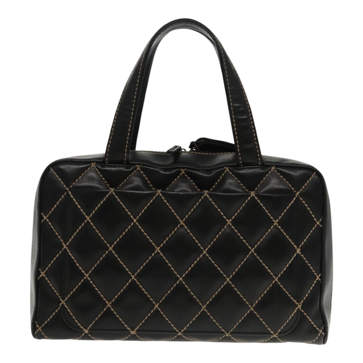CHANEL Wild Stitch Hand Bag Leather Black CC kk367