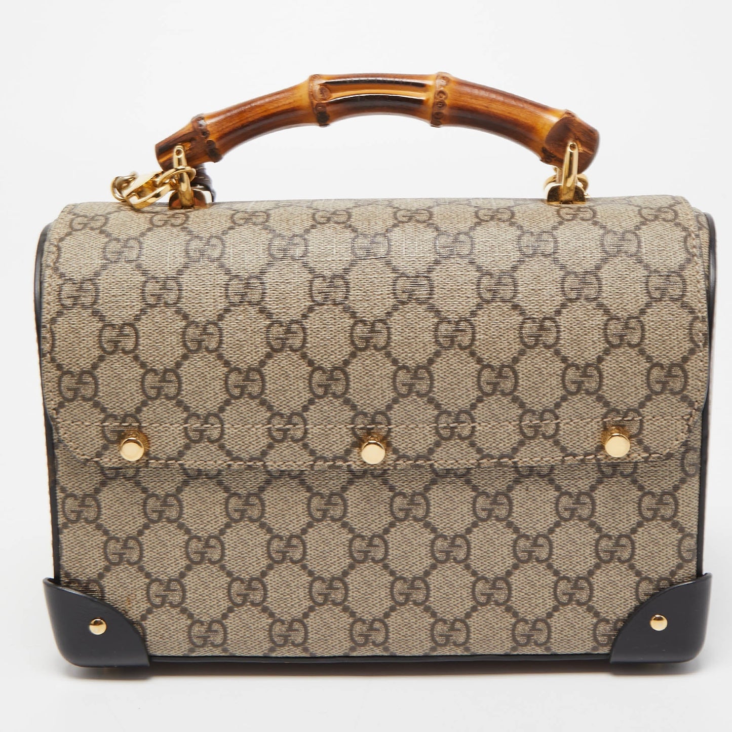 GUCCI Black/Beige GG Supreme Canvas Small Padlock Bamboo Top Handle Bag