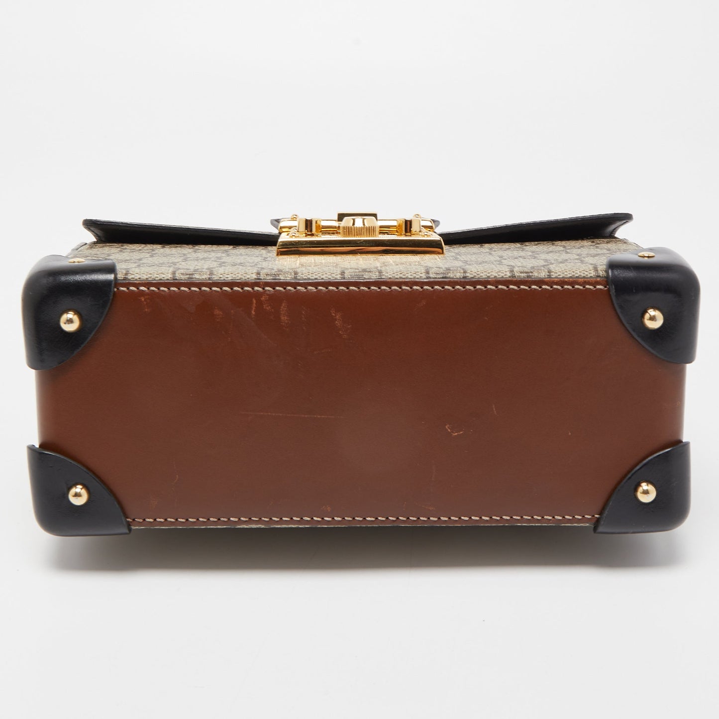GUCCI Black/Beige GG Supreme Canvas Small Padlock Bamboo Top Handle Bag