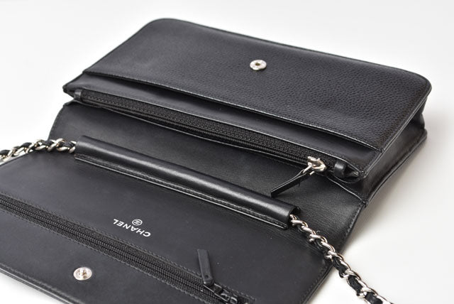 Chanel Caviar Skin Chain Wallet Shoulder Bag Black Silver Hardware