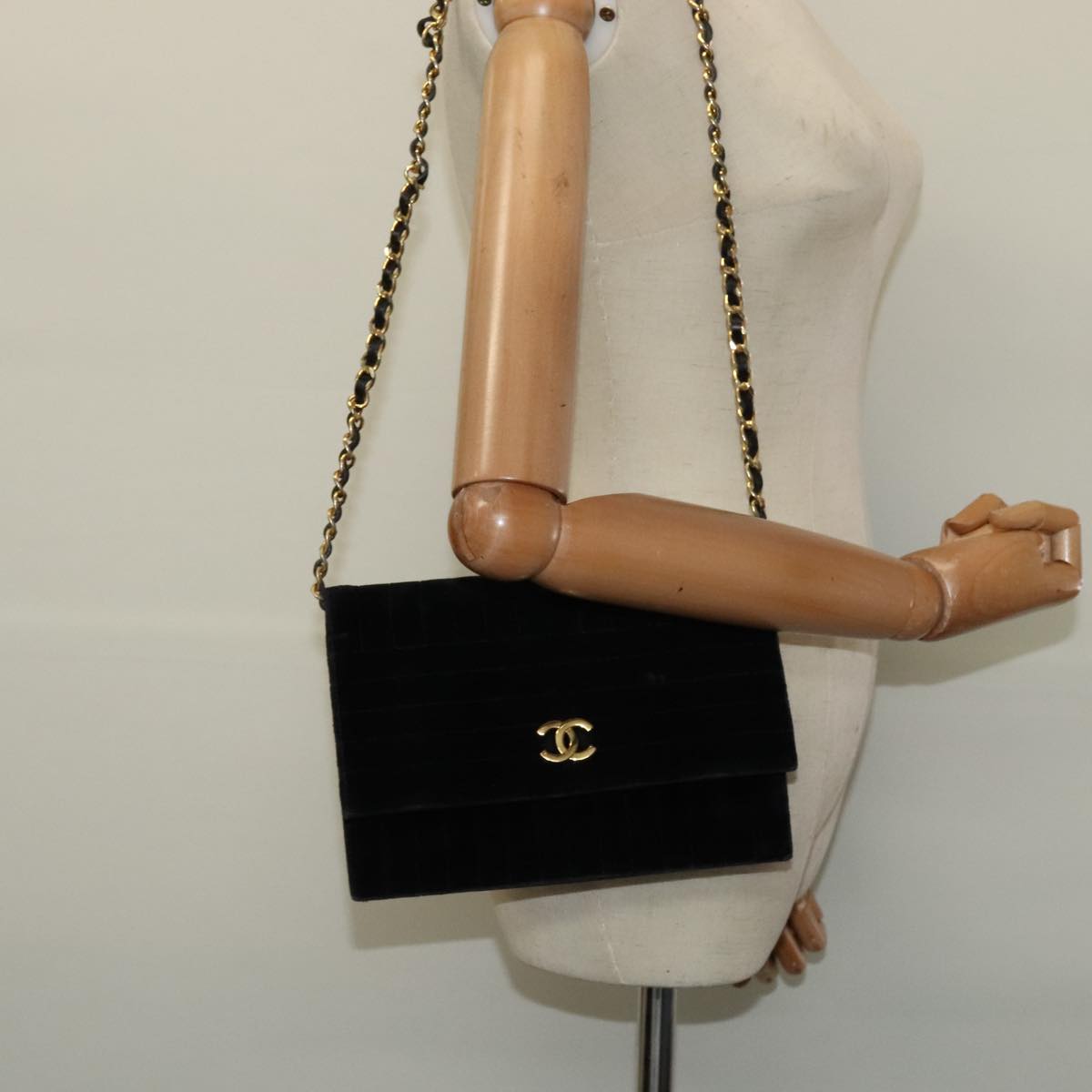 CHANEL Chain Shoulder Bag Velor Black Gold CC mr973