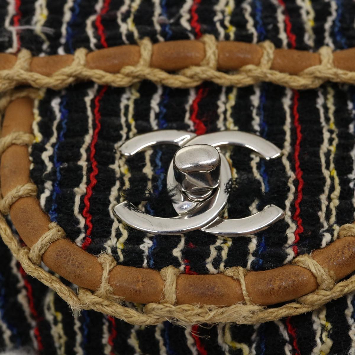 CHANEL Matelasse Tweed Turn Lock Chain Shoulder Bag Navy Brown CC nh616A