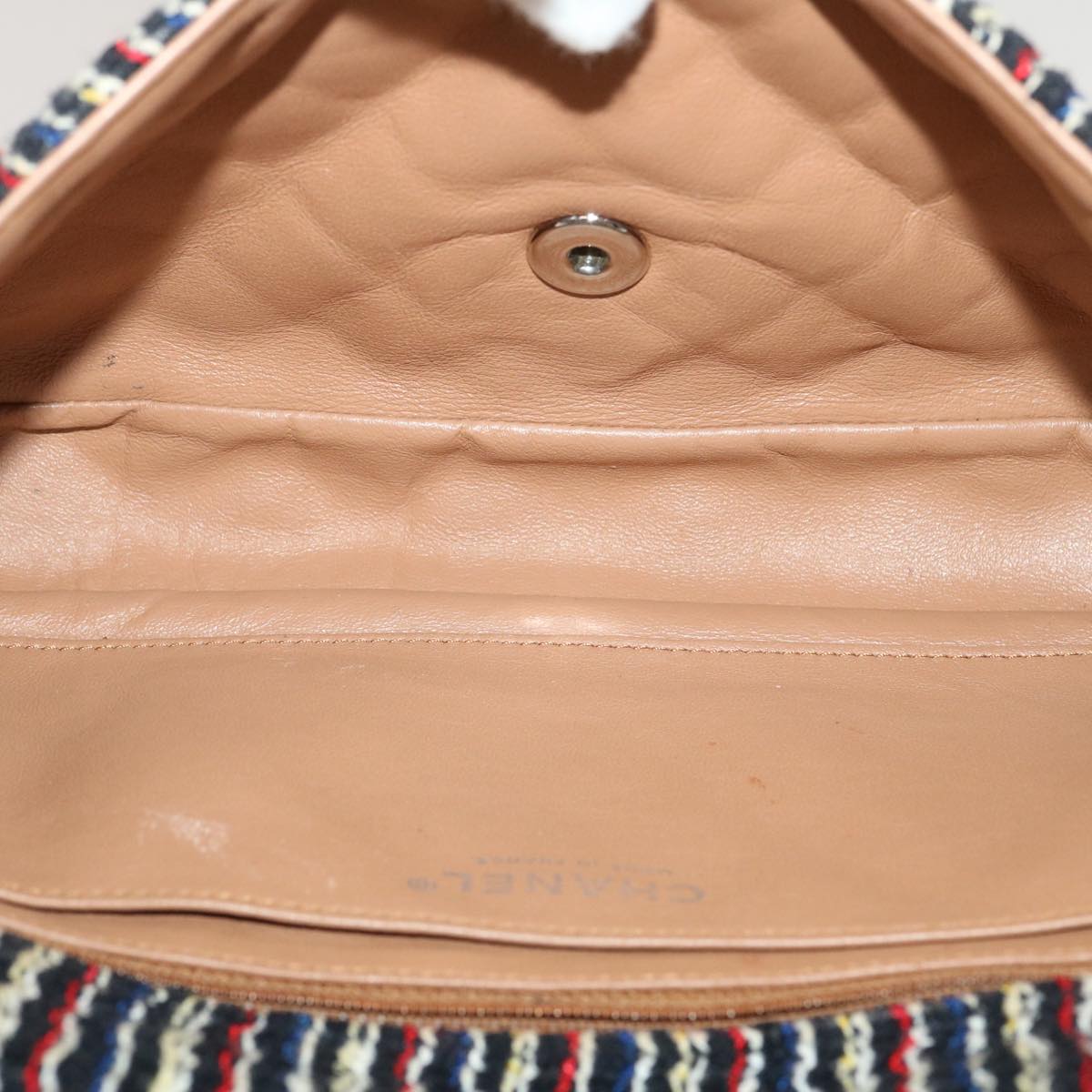 CHANEL Matelasse Tweed Turn Lock Chain Shoulder Bag Navy Brown CC nh616A