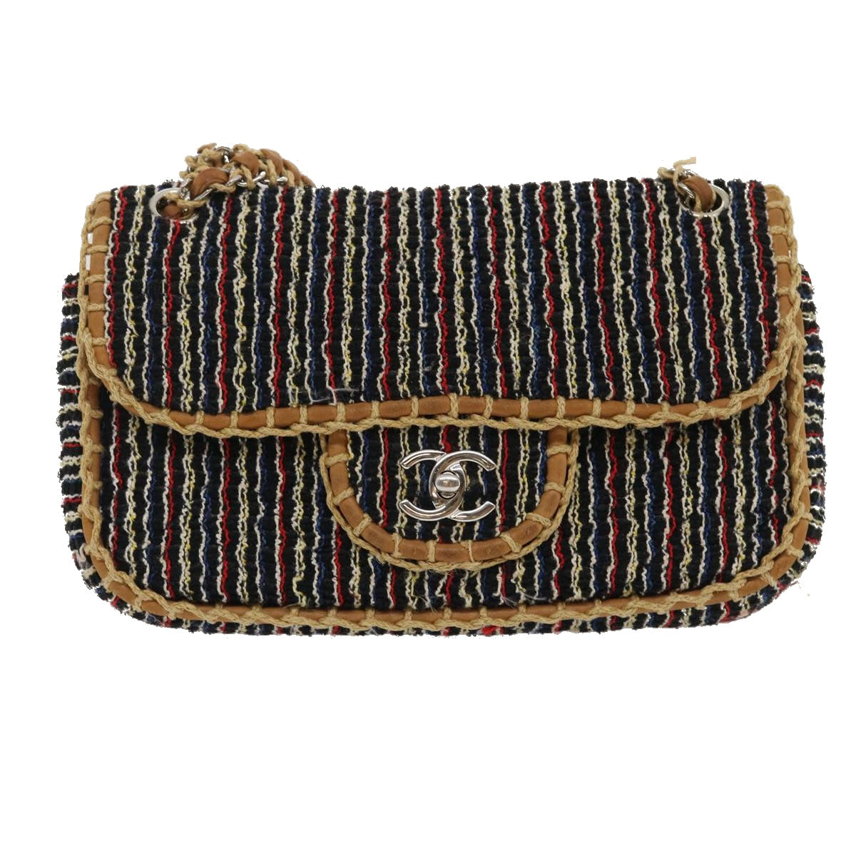 CHANEL Matelasse Tweed Turn Lock Chain Shoulder Bag Navy Brown CC nh616A