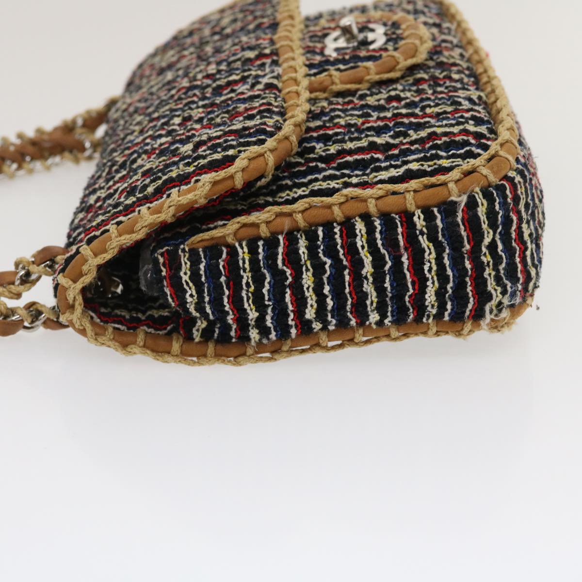 CHANEL Matelasse Tweed Turn Lock Chain Shoulder Bag Navy Brown CC nh616A