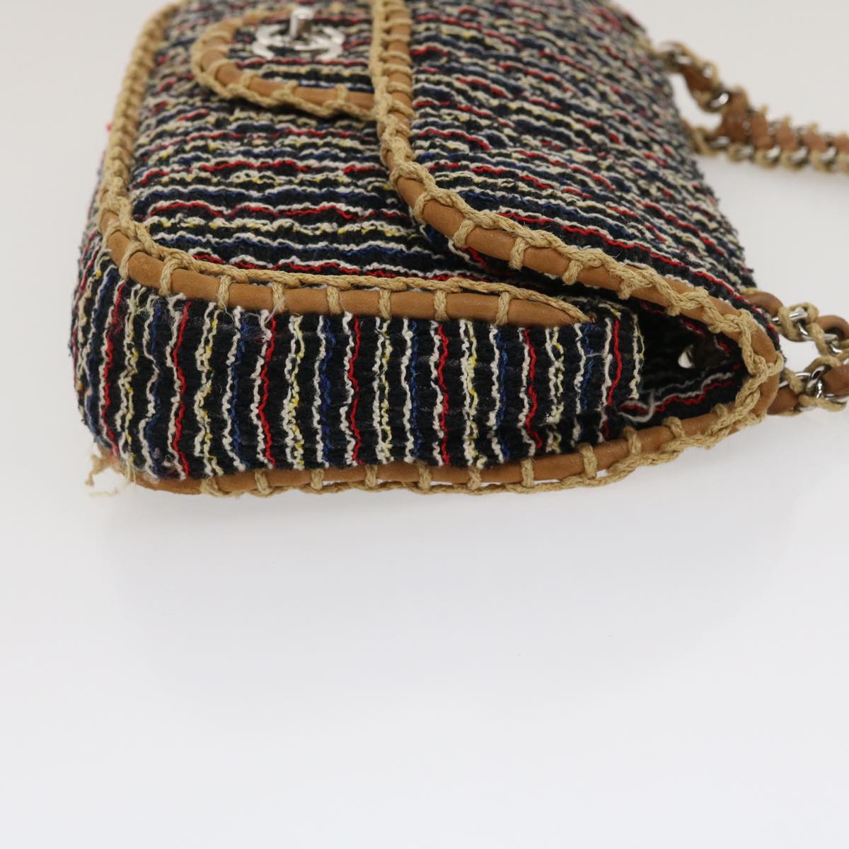 CHANEL Matelasse Tweed Turn Lock Chain Shoulder Bag Navy Brown CC nh616A
