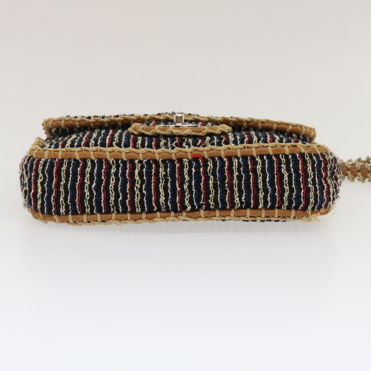 CHANEL Matelasse Tweed Turn Lock Chain Shoulder Bag Navy Brown CC nh616A