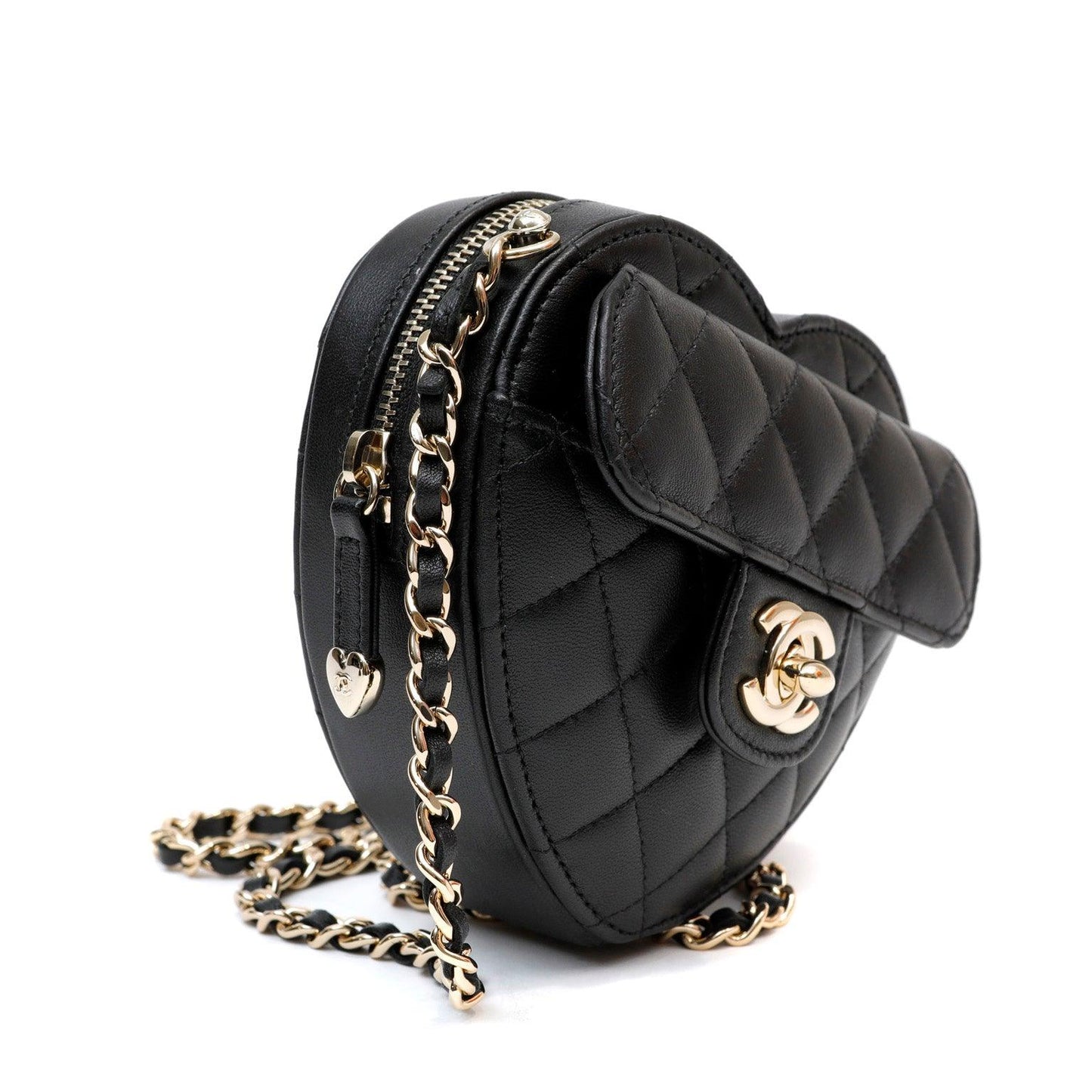 Chanel 2022 Black Lambskin Heart Mini Bag w/ Gold Hardware