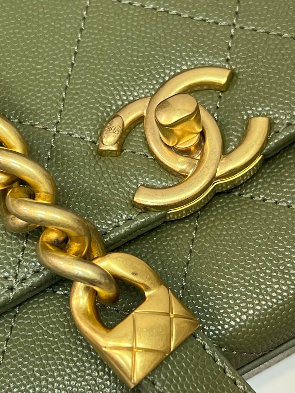 Chanel Logo Chain Flap Bag green