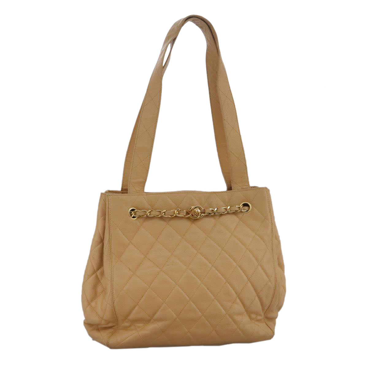 CHANEL Shoulder Bag Caviar Skin Beige Gold CC PP008