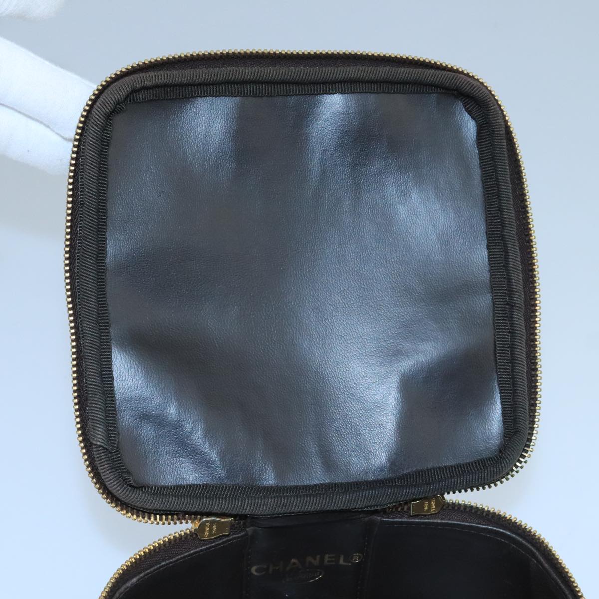 CHANEL Vanity Cosmetic Pouch Caviar Skin Dark Brown Gold CC PP026