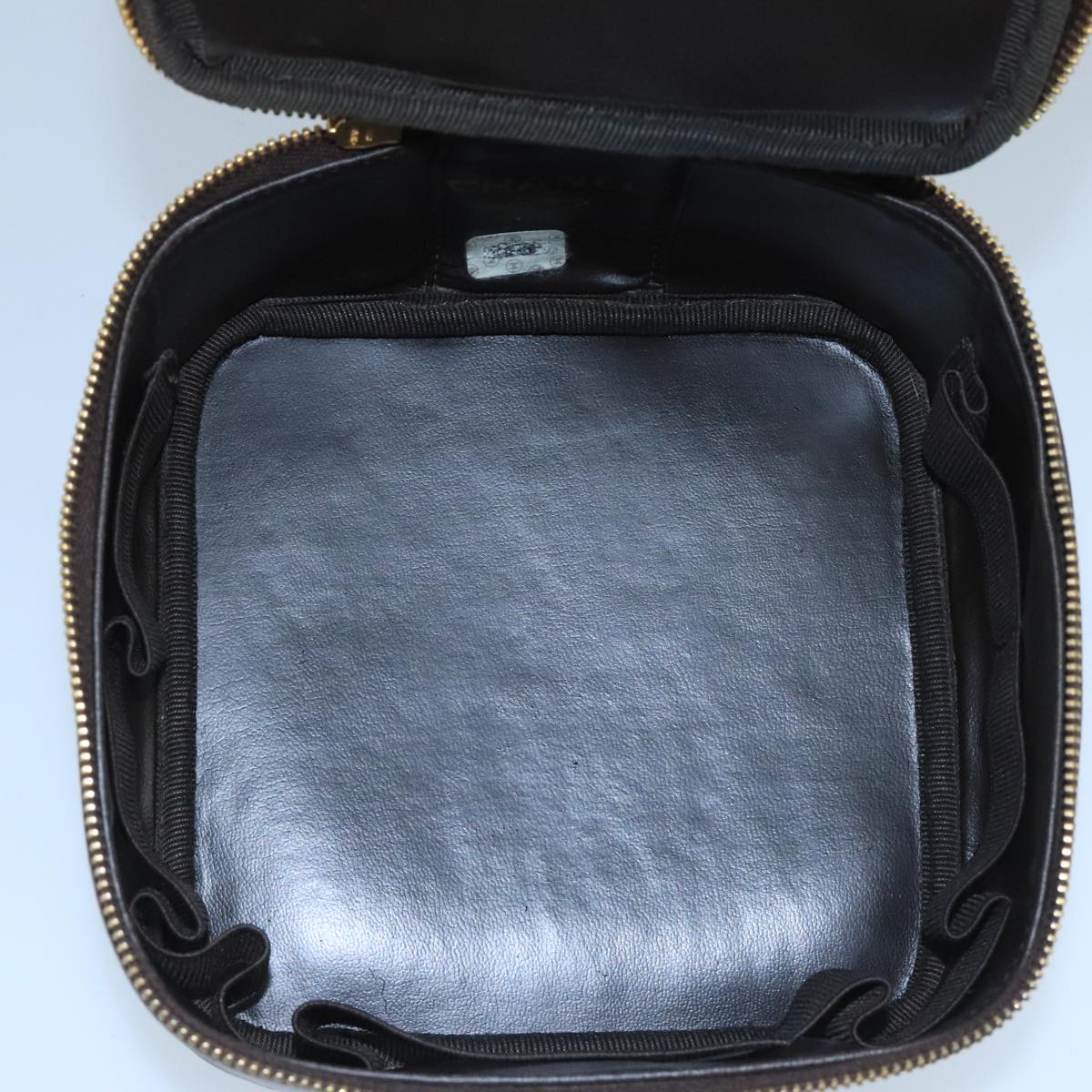 CHANEL Vanity Cosmetic Pouch Caviar Skin Dark Brown Gold CC PP026