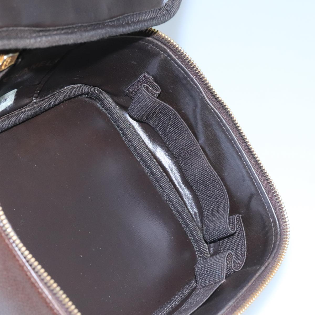 CHANEL Vanity Cosmetic Pouch Caviar Skin Dark Brown Gold CC PP026