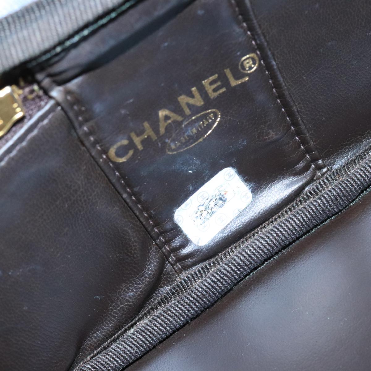 CHANEL Vanity Cosmetic Pouch Caviar Skin Dark Brown Gold CC PP026