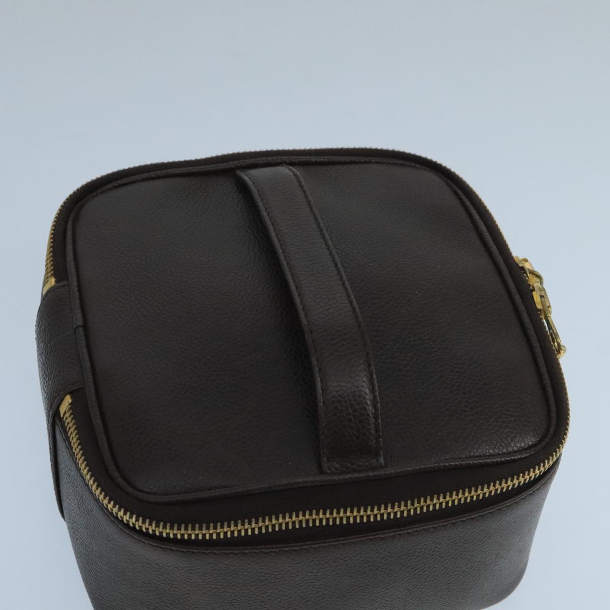 CHANEL Vanity Cosmetic Pouch Caviar Skin Dark Brown Gold CC PP026