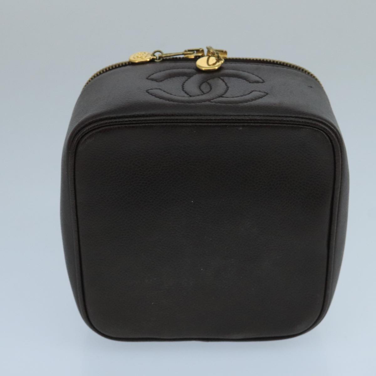 CHANEL Vanity Cosmetic Pouch Caviar Skin Dark Brown Gold CC PP026