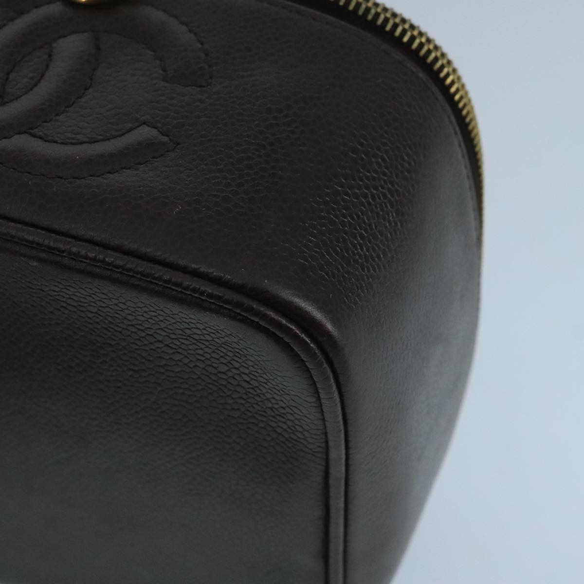 CHANEL Vanity Cosmetic Pouch Caviar Skin Dark Brown Gold CC PP026