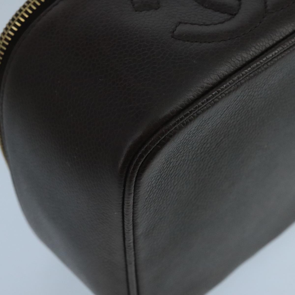 CHANEL Vanity Cosmetic Pouch Caviar Skin Dark Brown Gold CC PP026