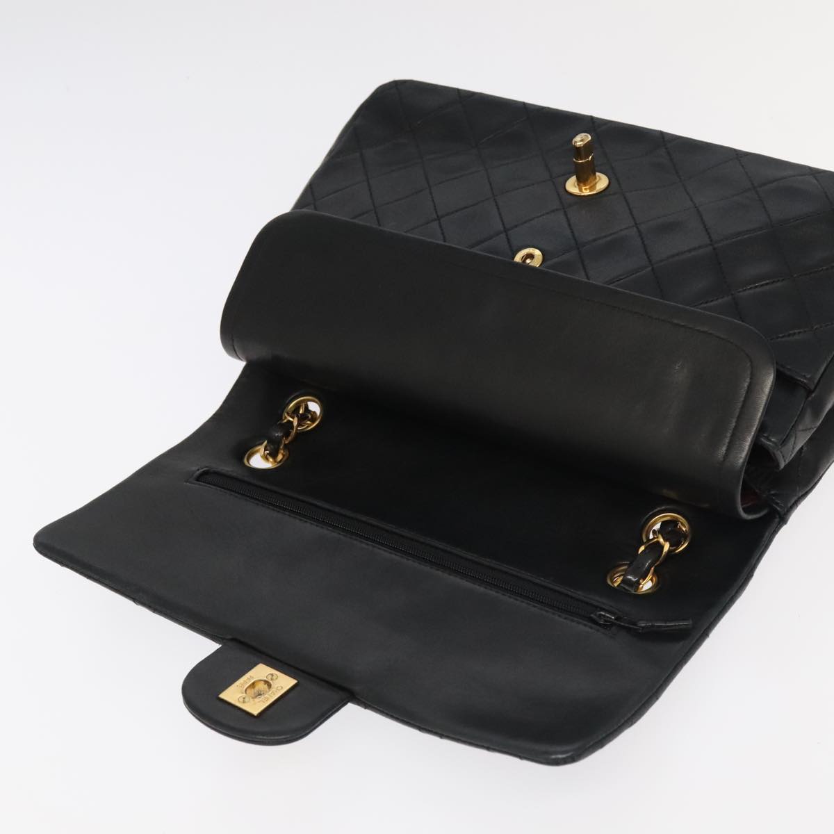 CHANEL Chain Matelasse 25 Shoulder Bag Lamb Skin Black Gold CC PP032A