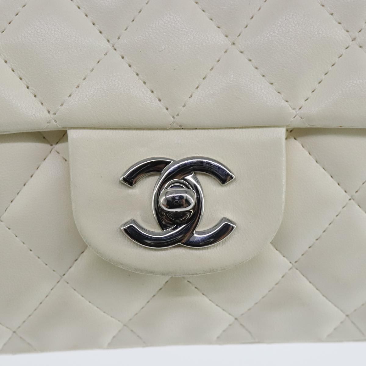 CHANEL Matelasse Chain Shoulder Bag Lamb Skin White Silver CC PP036