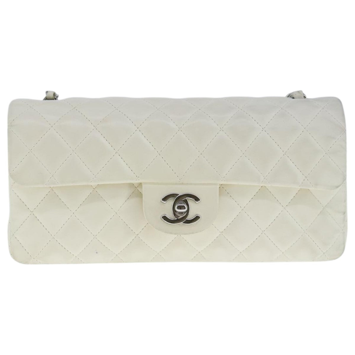 CHANEL Matelasse Chain Shoulder Bag Lamb Skin White Silver CC PP036