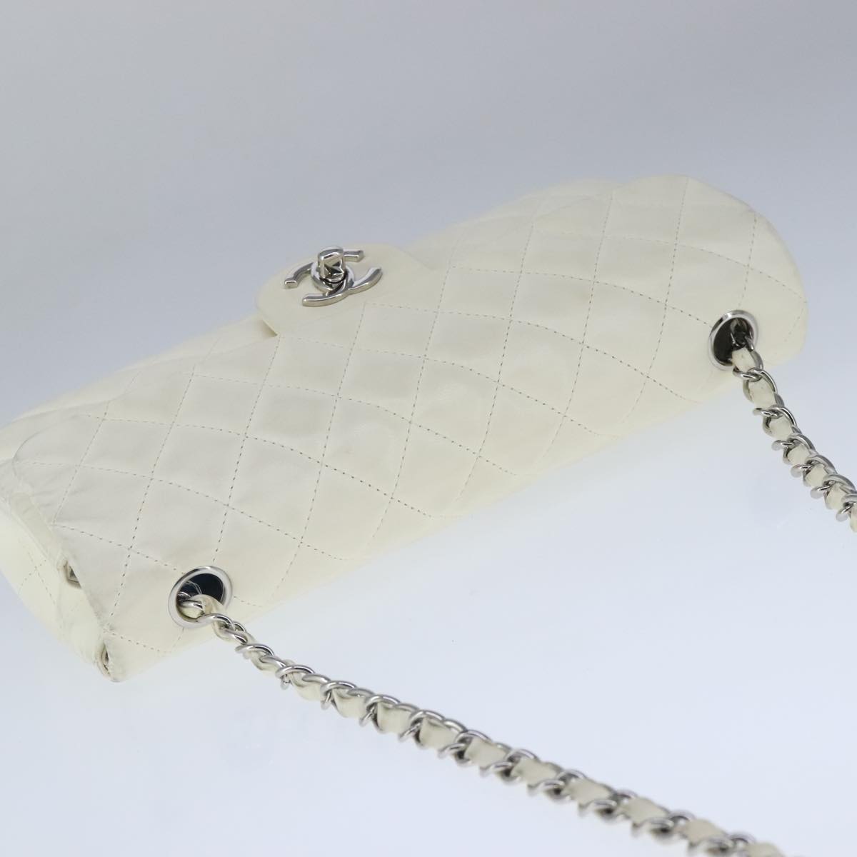 CHANEL Matelasse Chain Shoulder Bag Lamb Skin White Silver CC PP036