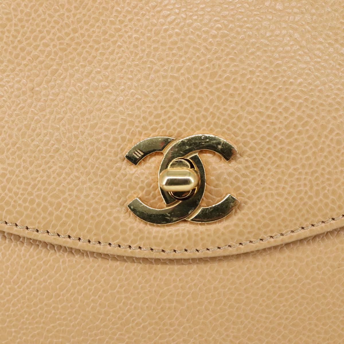 CHANEL Chain Shoulder Bag Caviar Skin Beige Gold CC PP063