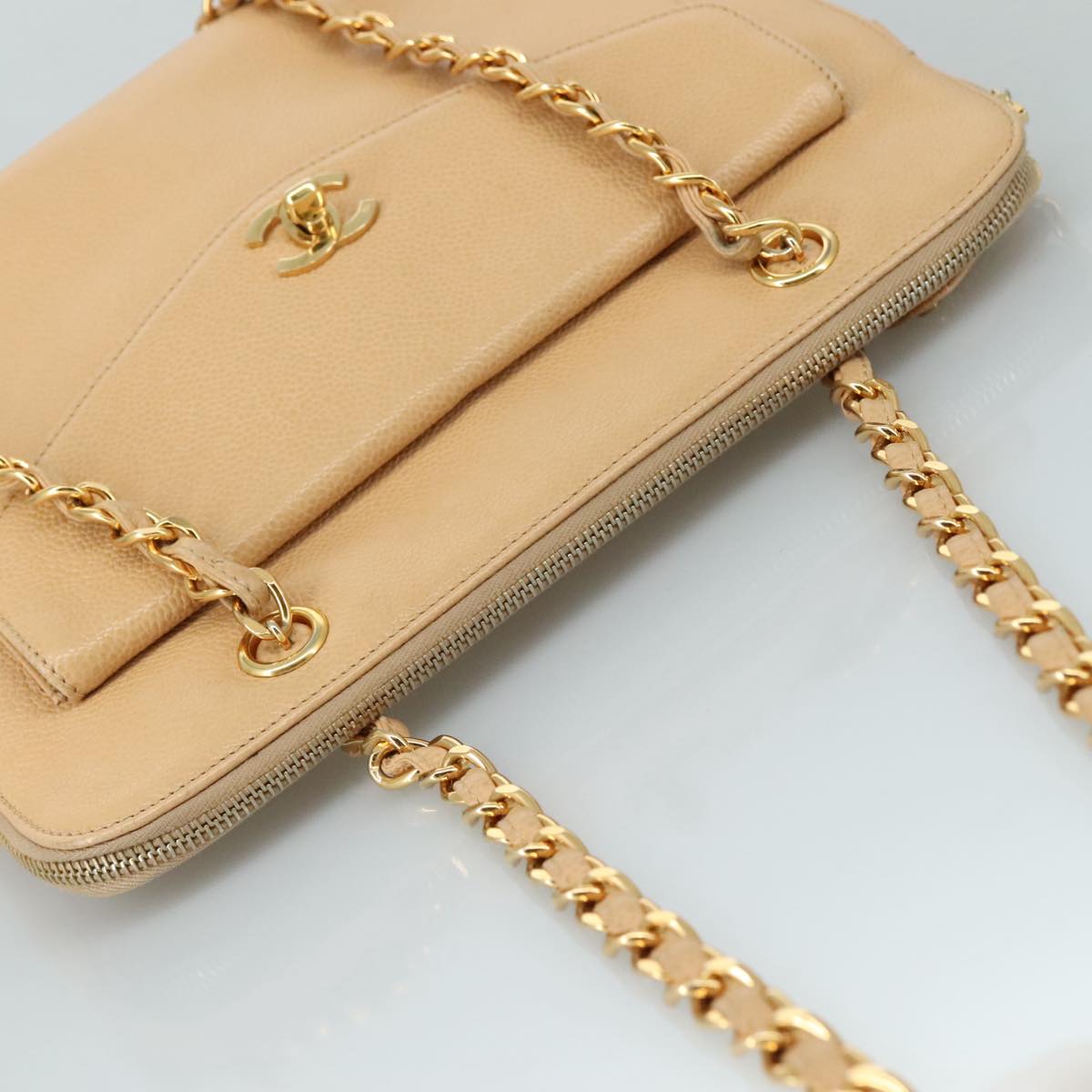 CHANEL Chain Shoulder Bag Caviar Skin Beige Gold CC PP063