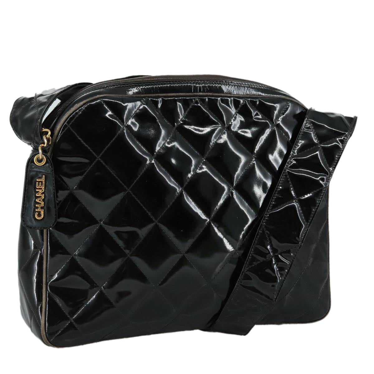 CHANEL Matelasse Shoulder Bag Patent Leather Black Gold CC PP073