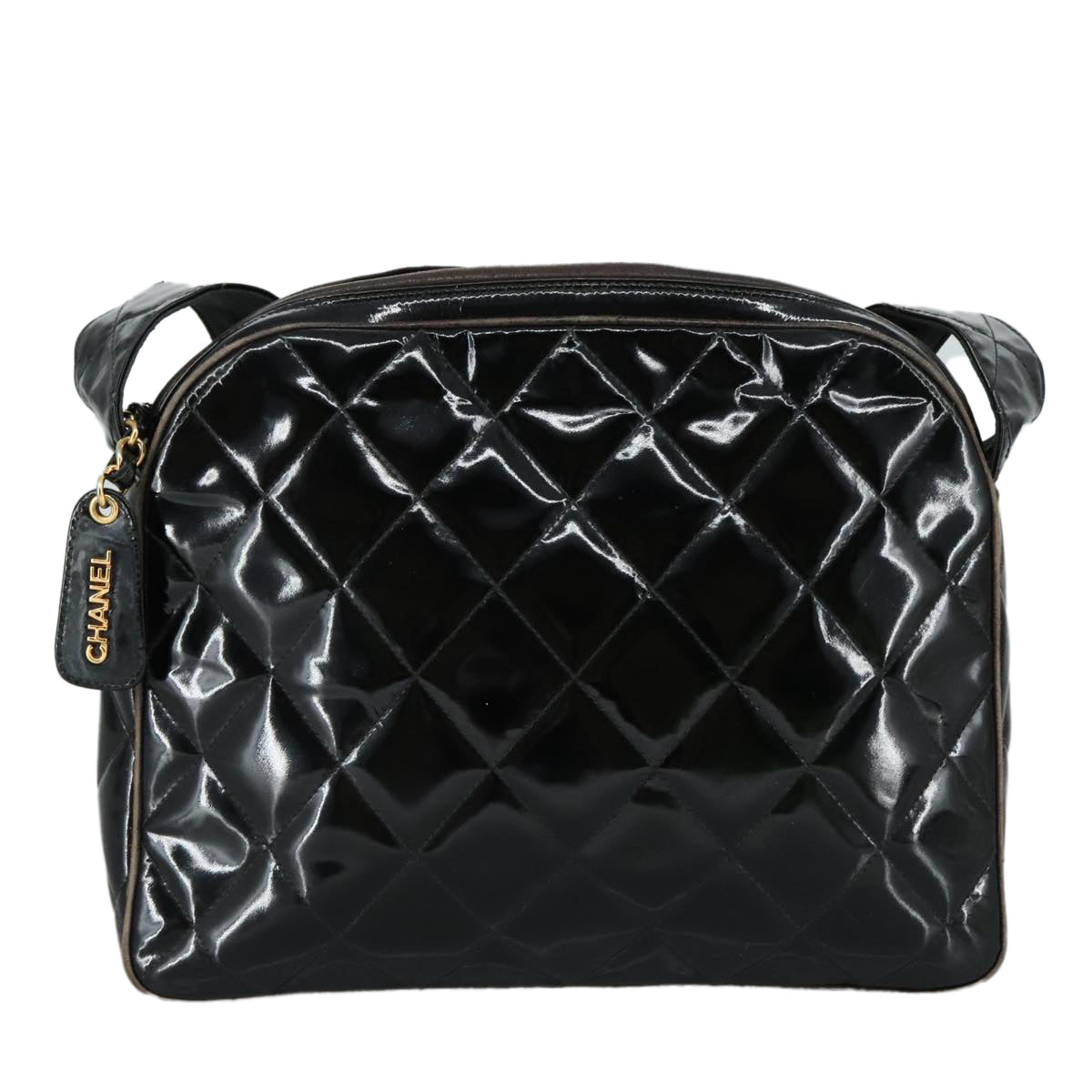 CHANEL Matelasse Shoulder Bag Patent Leather Black Gold CC PP073