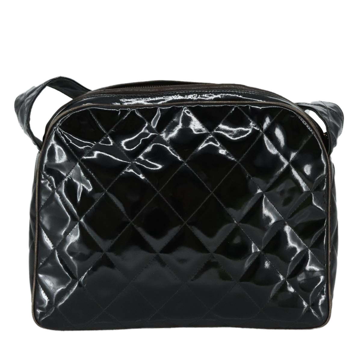 CHANEL Matelasse Shoulder Bag Patent Leather Black Gold CC PP073