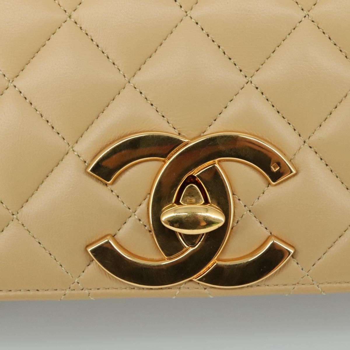 CHANEL Matelasse Chain Shoulder Bag Lamb Skin Beige Gold CC PP077