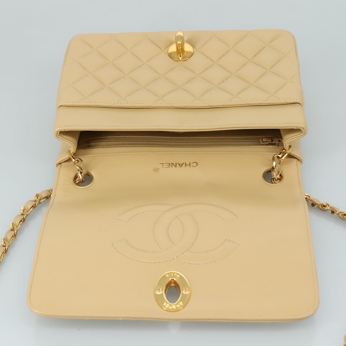CHANEL Matelasse Chain Shoulder Bag Lamb Skin Beige Gold CC PP077