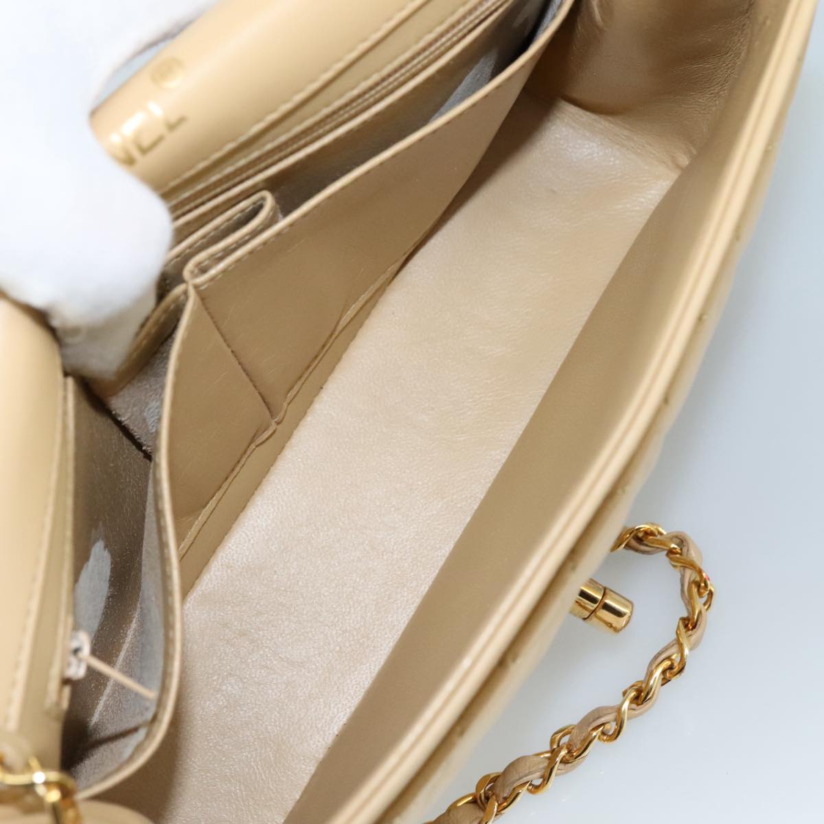 CHANEL Matelasse Chain Shoulder Bag Lamb Skin Beige Gold CC PP077